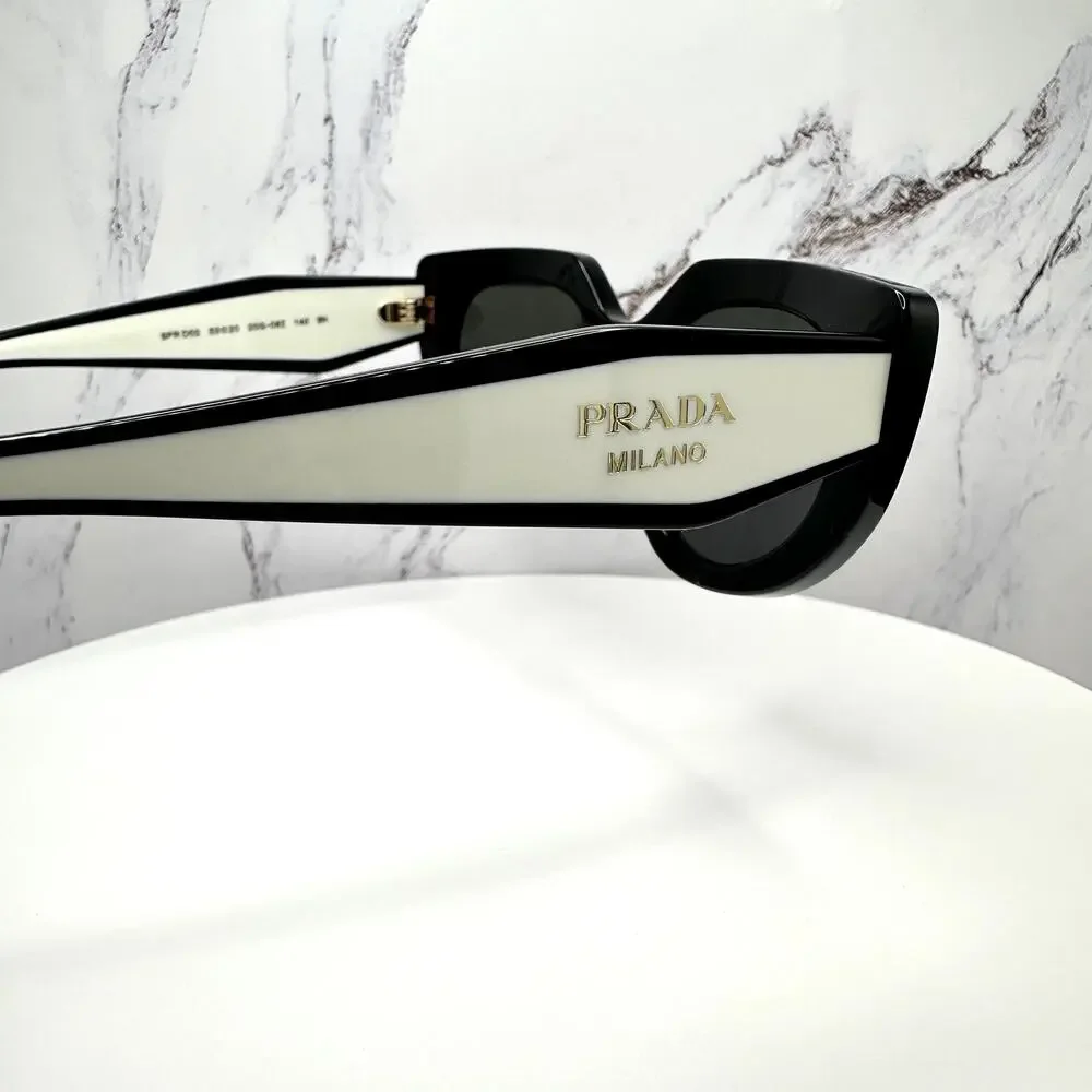 New PRADA Sunglasses Black White Talc Gold Symbole Oval Cat Eye Womens - Picture 5 of 16